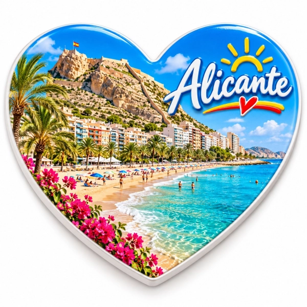 Magnes Alicante przedstawiający plażę nad morzem, palmy, kwiaty i nadmorskie budynki