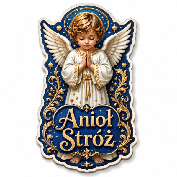 Magnes pamiątkowy Anioł Stróż z niebieskim tłem i ornamentami