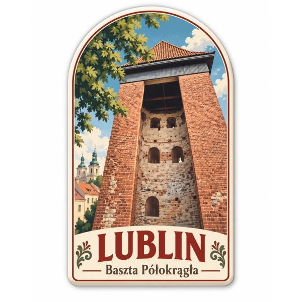 Pamiątkowy magnes przedstawiający Basztę Półokrągłą w Lublinie