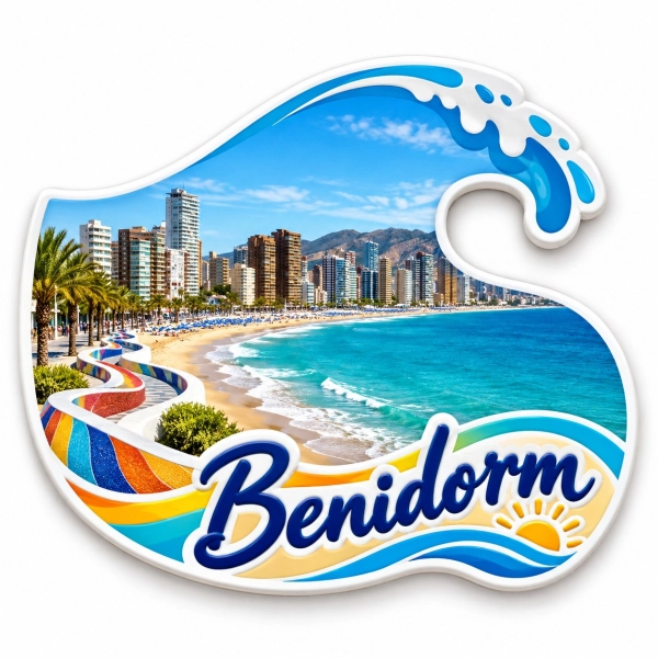 Magnes Benidorm przedstawiający plażę, palmy, błękitne morze i wysokie budynki