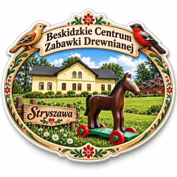 Magnes z motywem Beskidzkiego Centrum Zabawki Drewnianej