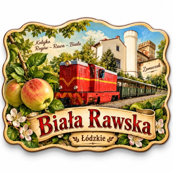 Magnes Biała Rawska z motywem pociągu, zamku, jabłek i kwiatów jabłoni