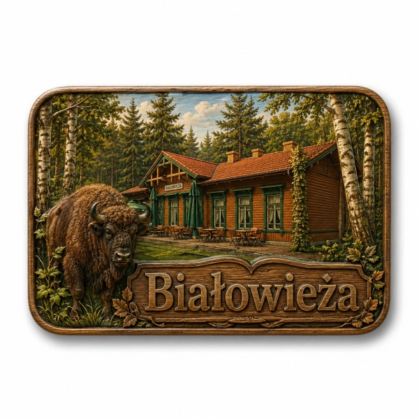 Pamiątkowy magnes Białowieża z domkiem leśnym i żubrem