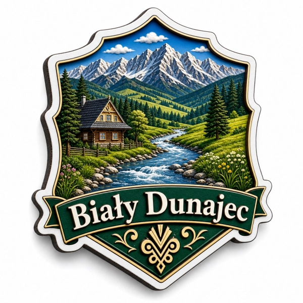 Magnes Biały Dunajec przedstawiający górski krajobraz z rzeką i domkiem