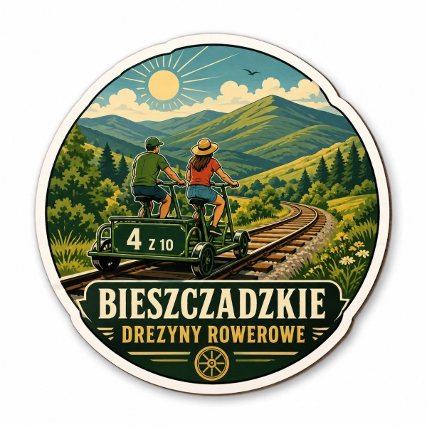 Magnes pamiątkowy Bieszczadzkie Drezyny Rowerowe z motywem roweru na torze kolejowym
