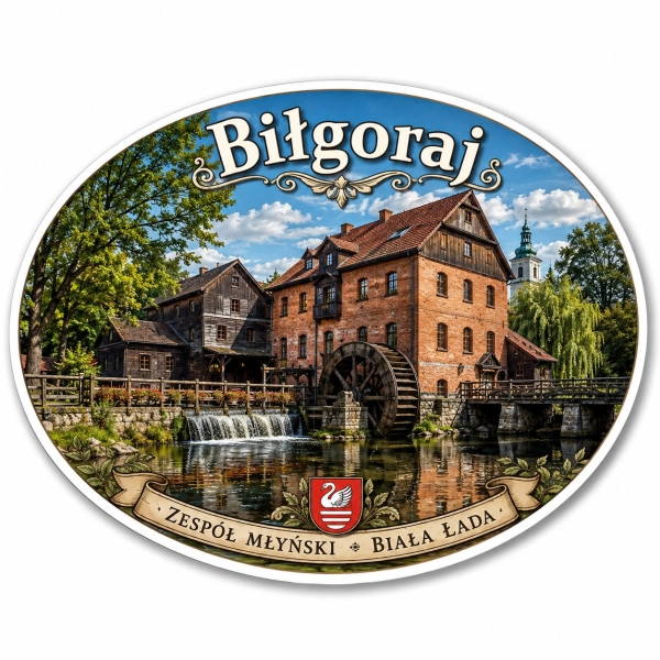 Magnes pamiątkowy Biłgoraj z motywem Zespołu Młyniskiego Biała Łada