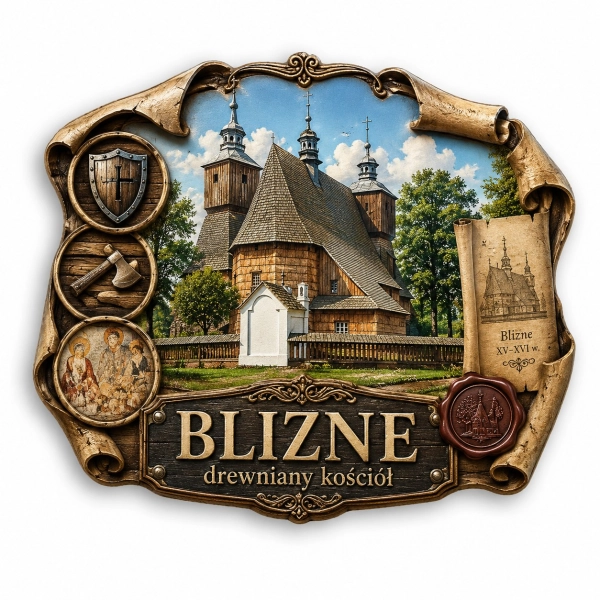 Magnes Blizne z motywem drewnianego kościoła