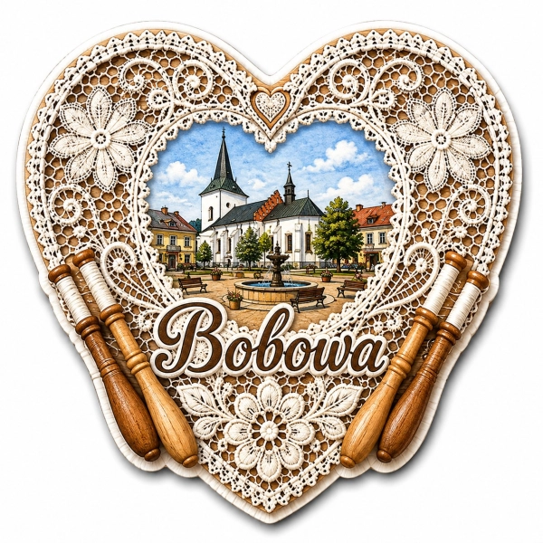 Pamiątkowy magnes Bobowa z motywem kościoła, fontanny i tradycyjnych haftowych wzorów