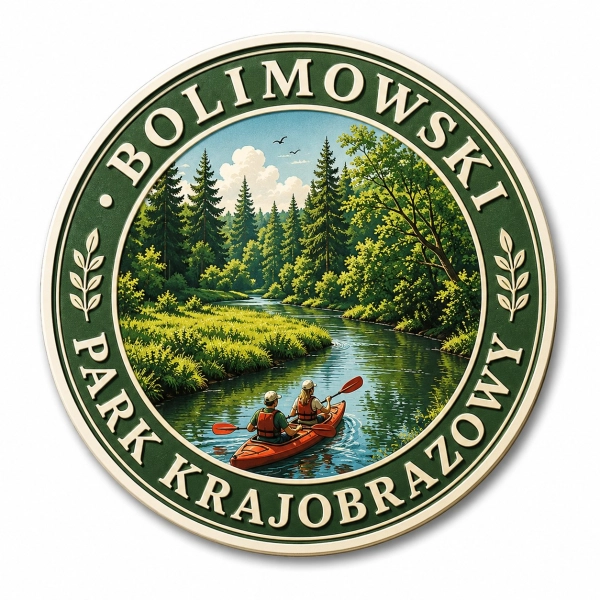 Magnes pamiątkowy Bolimowski Park Krajobrazowy z motywem dwóch osób płynących kajakami po rzece wśród lasu