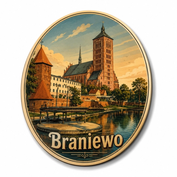Pamiątkowy magnes Braniewo z nadrukiem przedstawiającym miasto