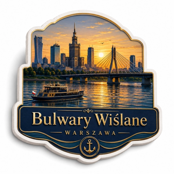 Magnes pamiątkowy z panoramą Bulwarów Wiślanych w Warszawie, widokiem na Wisłę, most Świętokrzyski i Pałac Kultury i Nau