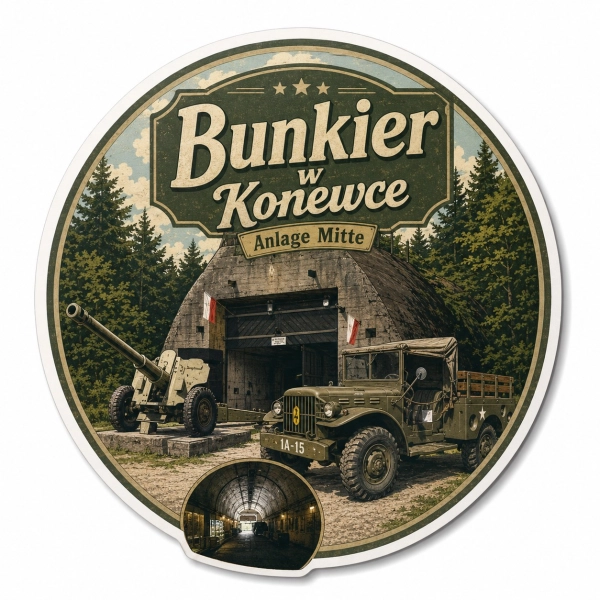 Magnes pamiątkowy z motywem bunkra w Konewce, wejściem do bunkra, pojazdem wojskowym i działem