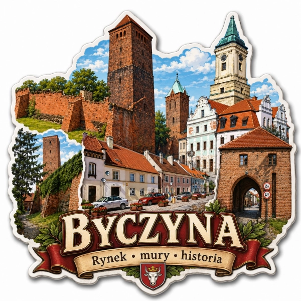 Pamiątkowy magnes Byczyna z widokiem miasta, zamkiem i historycznymi budynkami
