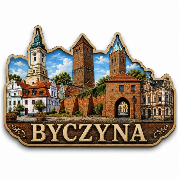 Pamiątkowy magnes Byczyna z panoramą miasta