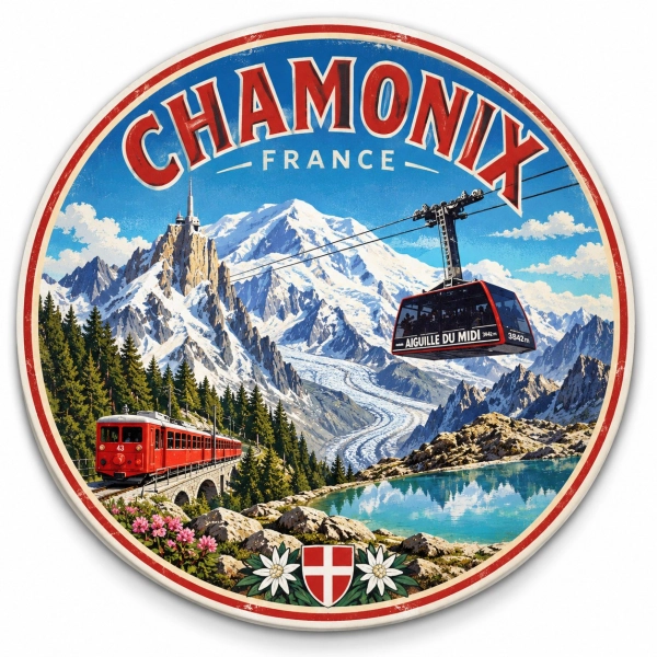Magnes pamiątkowy Chamonix-Mont-Blanc z motywem kolei linowej nad jeziorem