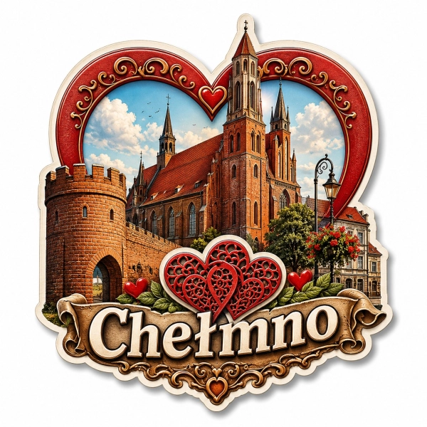 Pamiątkowy magnes Chełmno z motywem gotyckiego kościoła i zamku