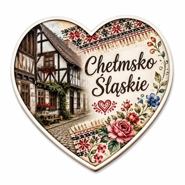 Magnes pamiątkowy Chełmsko Śląskie z motywem starej kamienicy, drewnianych elementów, kwiatów i tradycyjnej haftowanej t