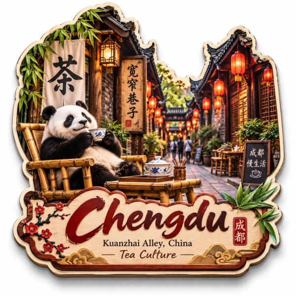 Magnes pamiątkowy Chengdu z pandą pijącą herbatę, bambusowym krzesłem i dekoracjami inspirowanymi kulturą herbaty