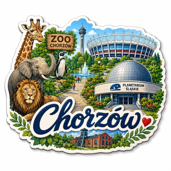 Pamiątkowy magnes Chorzów z zoo, Stadionem Śląskim i Planetarium Śląskim