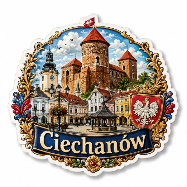 Magnes pamiątkowy Ciechanów z widokiem na zamek, panoramą miasta i herbem