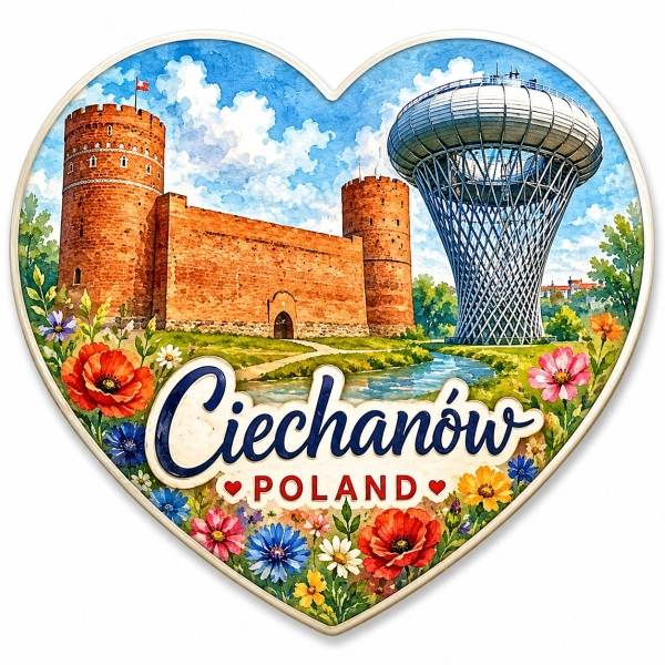 Pamiątkowy magnes Ciechanów z motywem zamku, wieży i kwiatów