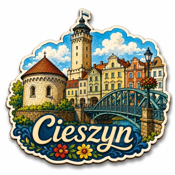 Magnes pamiątkowy Cieszyn z motywem zamku i kamienicy