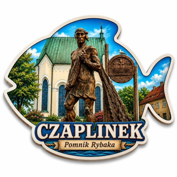 Magnes pamiątkowy z wizerunkiem Pomnika Rybaka w Czaplinku