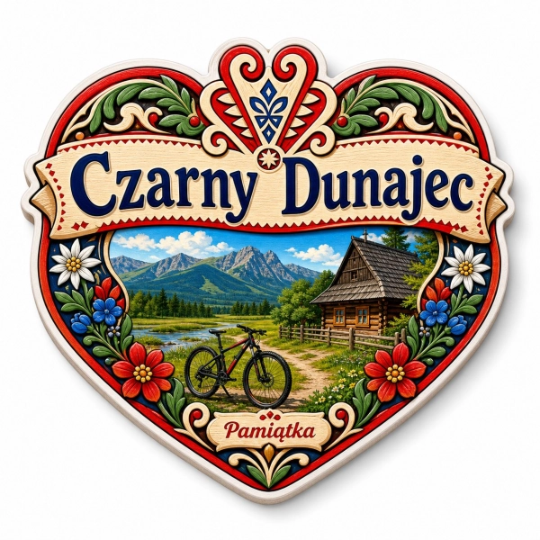 Pamiątkowy magnes Czarny Dunajec z motywem krajobrazu i rowerem