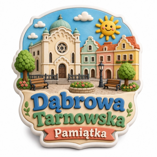 Pamiątkowy magnes Dąbrowa Tarnowska z motywem synagogi i kamienic
