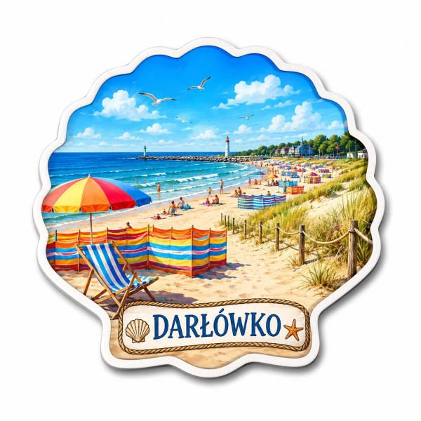 Pamiątkowy magnes Darłówko z motywem plażowym
