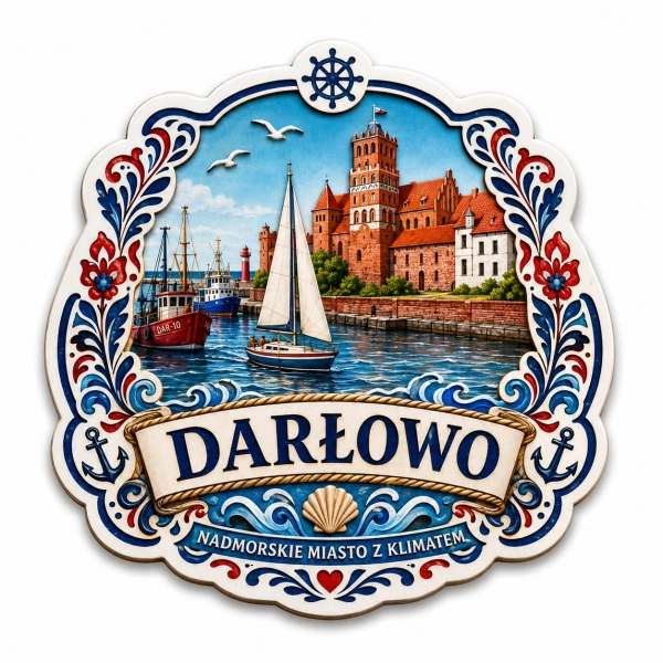 Pamiątkowy magnes z widokiem zamku i portu w Darłowie