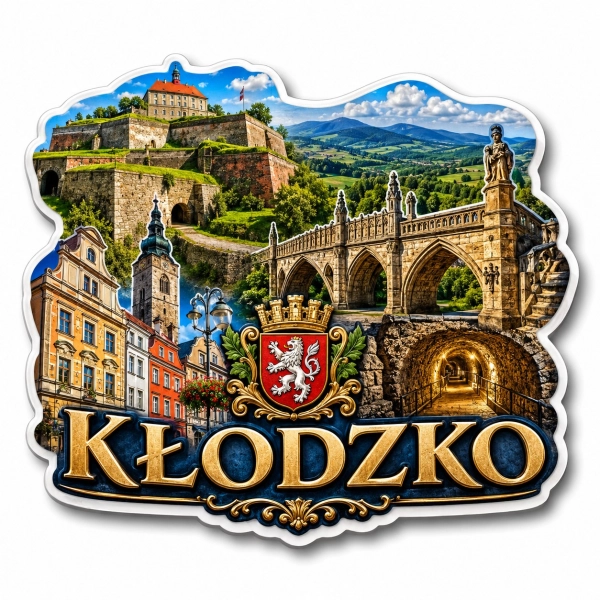 Magnes pamiątkowy Kłodzko z motywem zamku, mostu, historycznych ulic i tunelu