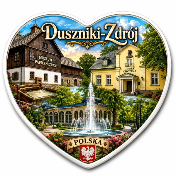 Pamiątkowy magnes z Dusznik-Zdroju przedstawiający Muzeum Papieru i Dwór Chopina