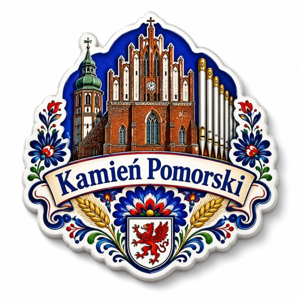 Magnes pamiątkowy z motywem kościoła i kwiatów