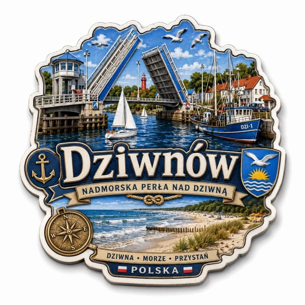 Magnes pamiątkowy Dziwnów z widokiem na most zwodzony, jacht, łódź i plażę nad morzem