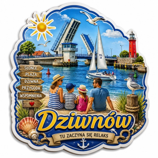 Magnes turystyczny Dziwnów z widokiem na port morski, latarnię i rodzinę na plaży