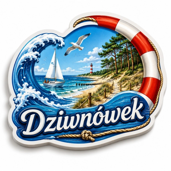 Magnes pamiątkowy Dziwnówek z plażą, latarnią morską, sosnowym lasem i falami morza