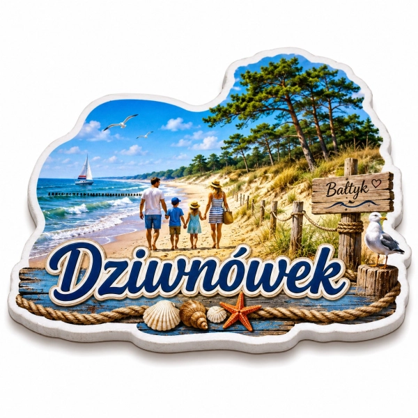 Magnes pamiątkowy z motywem plaży w Dziwnówku, sosnowych drzew, morza, łodzi żaglowej i rodziny na plaży