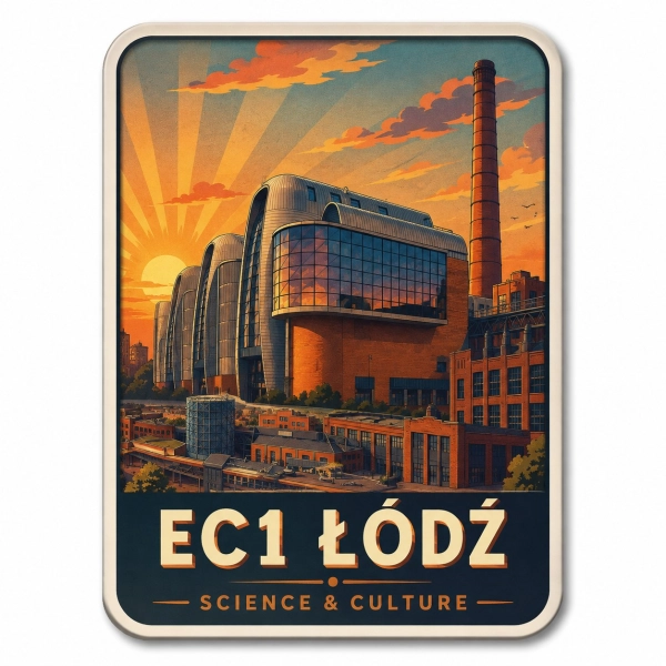 Magnes pamiątkowy EC1 Łódź Science & Culture z motywem modernistycznego budynku, czerwonym dachem i wysokim kominem