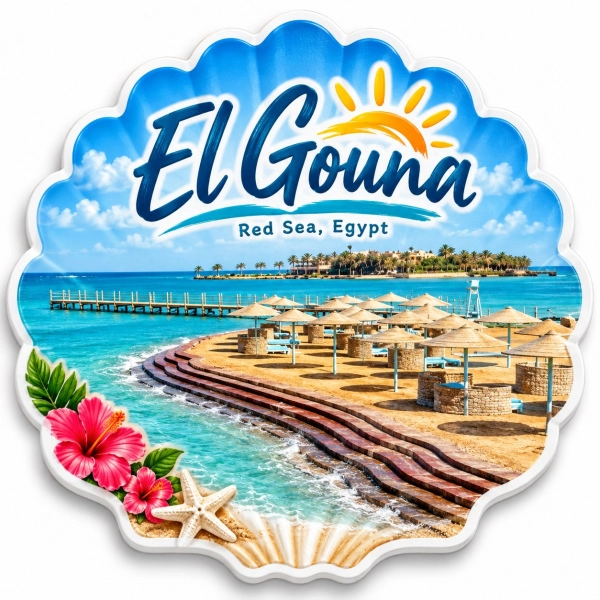 Magnes pamiątkowy El Gouna z widokiem plaży, parasoli, drewnianego molo i palm