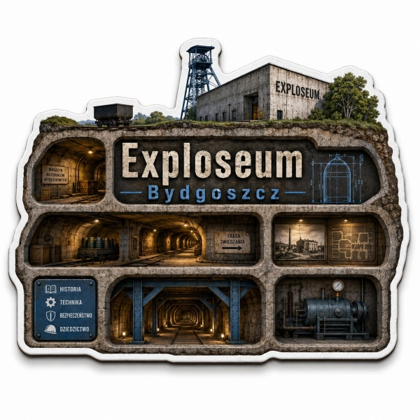 Pamiątkowy magnes Exploseum w Bydgoszczy z motywem muzeum