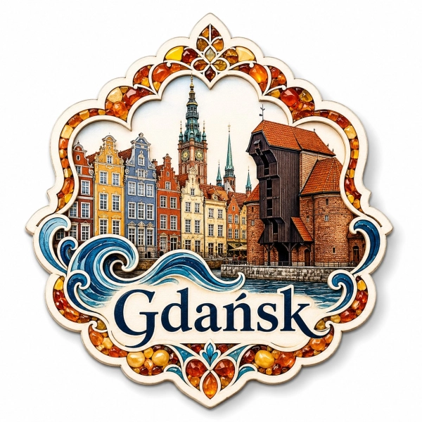 Pamiątkowy magnes Gdańsk z widokiem na Stare Miasto i Motławę