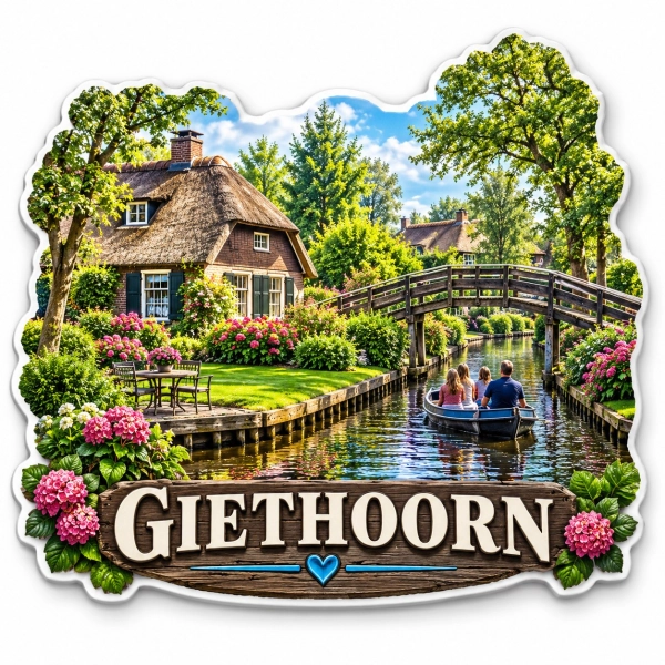 Magnes Giethoorn przedstawiający dom z dachem ze strzechy nad kanałem, kwiatami i mostkiem
