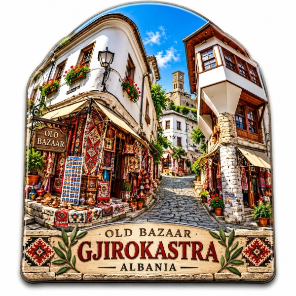 Pamiątka z Gjirokastry – uliczka z tradycyjnymi kamienicami