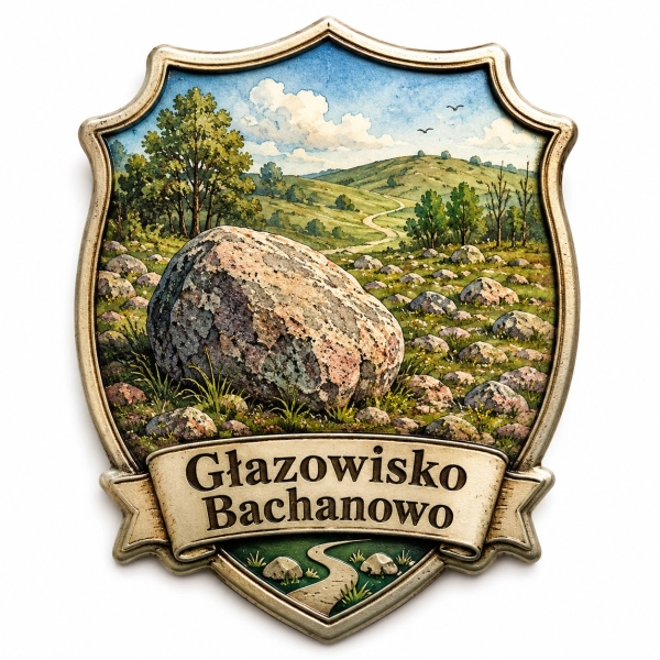 Magnes pamiątkowy Głazowisko Bachanowo z widokiem na wzgórza, drzewa i kamienie