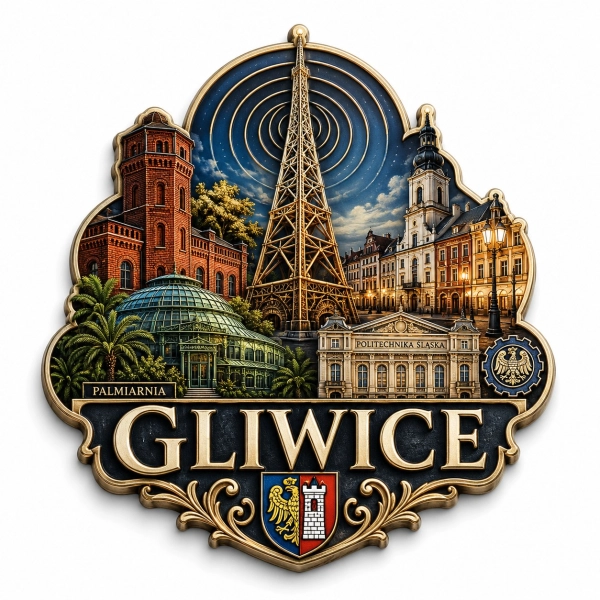 Pamiątkowy magnes Gliwice z motywem Palmaireni i Politechniki Śląskiej