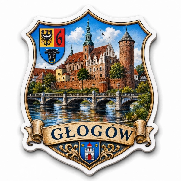 Magnes pamiątkowy Głogów z widokiem na Zamek Książąt Głogowskich i most nad Odrą