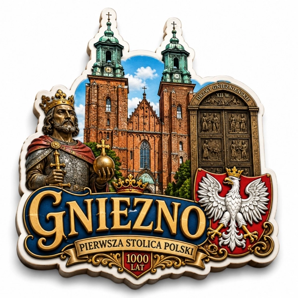 Pamiątkowy magnes Gniezno z motywem kościoła i królewskiego portretu