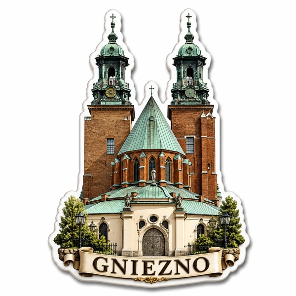 Magnes Gniezno przedstawiający kościół z dwiema wieżami i zielonymi dachami