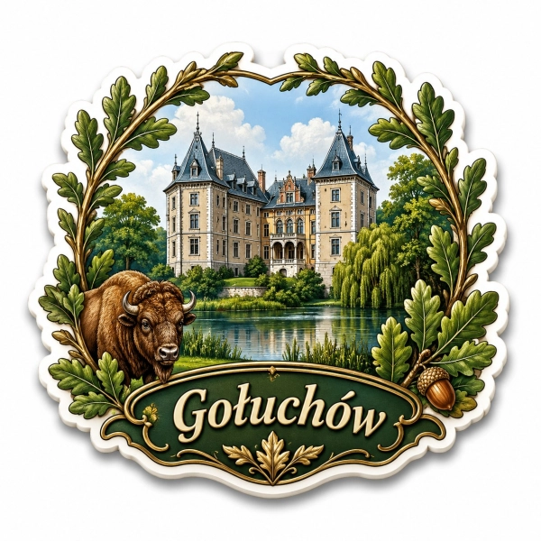 Magnes pamiątkowy Gołuchów z pałacem i żubrem